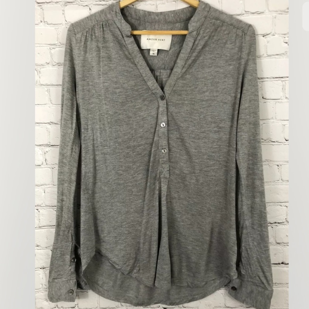 Amour Vert Henley XS Gray Blouse Shirt Roll Long Sleeve
